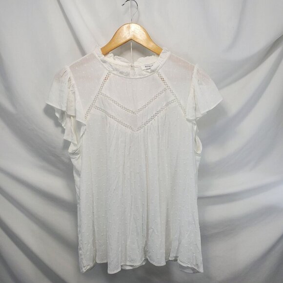 Rose + Olive White Mock Neck Blouse Top Short Sleeve Keyhole Back Medium (C-9) - Picture 1 of 10